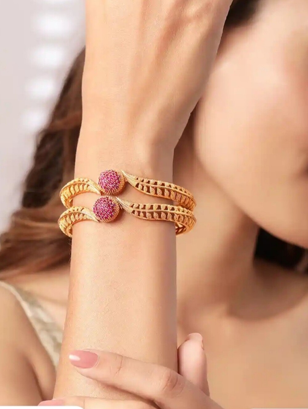 Gold Plated Red Stone Textured Statement Bangles Set Size 2.8 - Picture 4 of 4